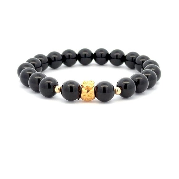18K Gold Money Bag Lucky Charm Beads Bracelet Gemstones Onyx 8mm - Picture 1 of 9